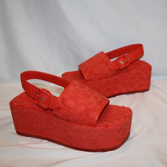 NEQ WOMEN'S Coach Noelle Signature Logo Print Platform Sandals RED ORANGE - Picture 7 of 8